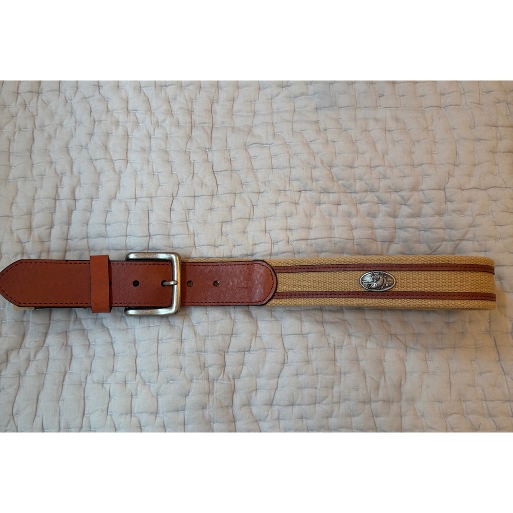 Columbia Mens Khaki Canvas Brown Leather Metal Fish Emblems Belt Size 30/32